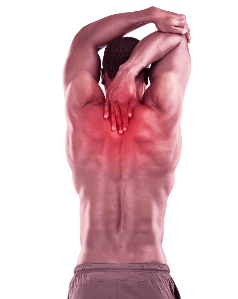 man relieving muscle pain with red light therapy